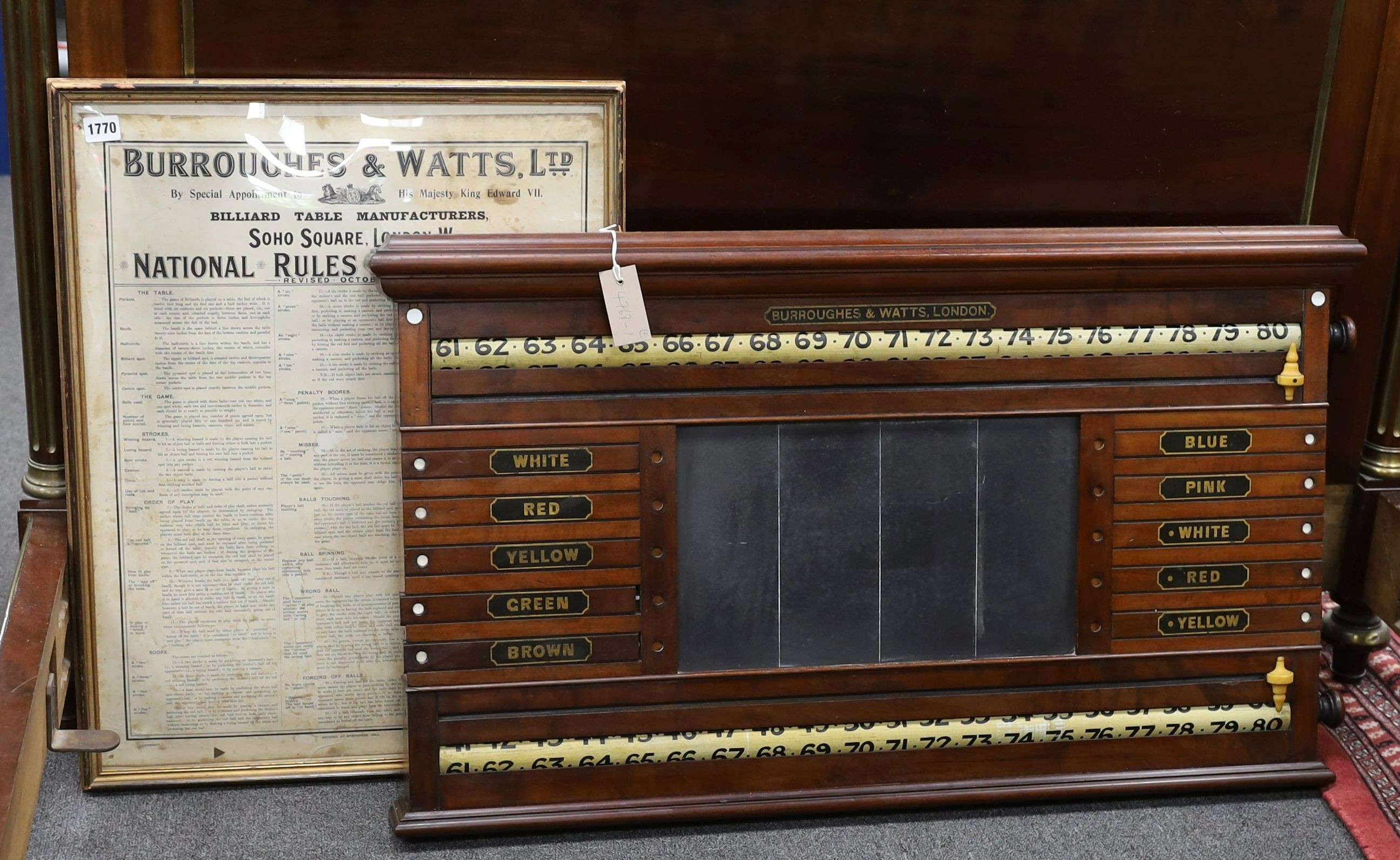 An early 20th century Burroughes & Watts mahogany snooker scoreboard and framed rules